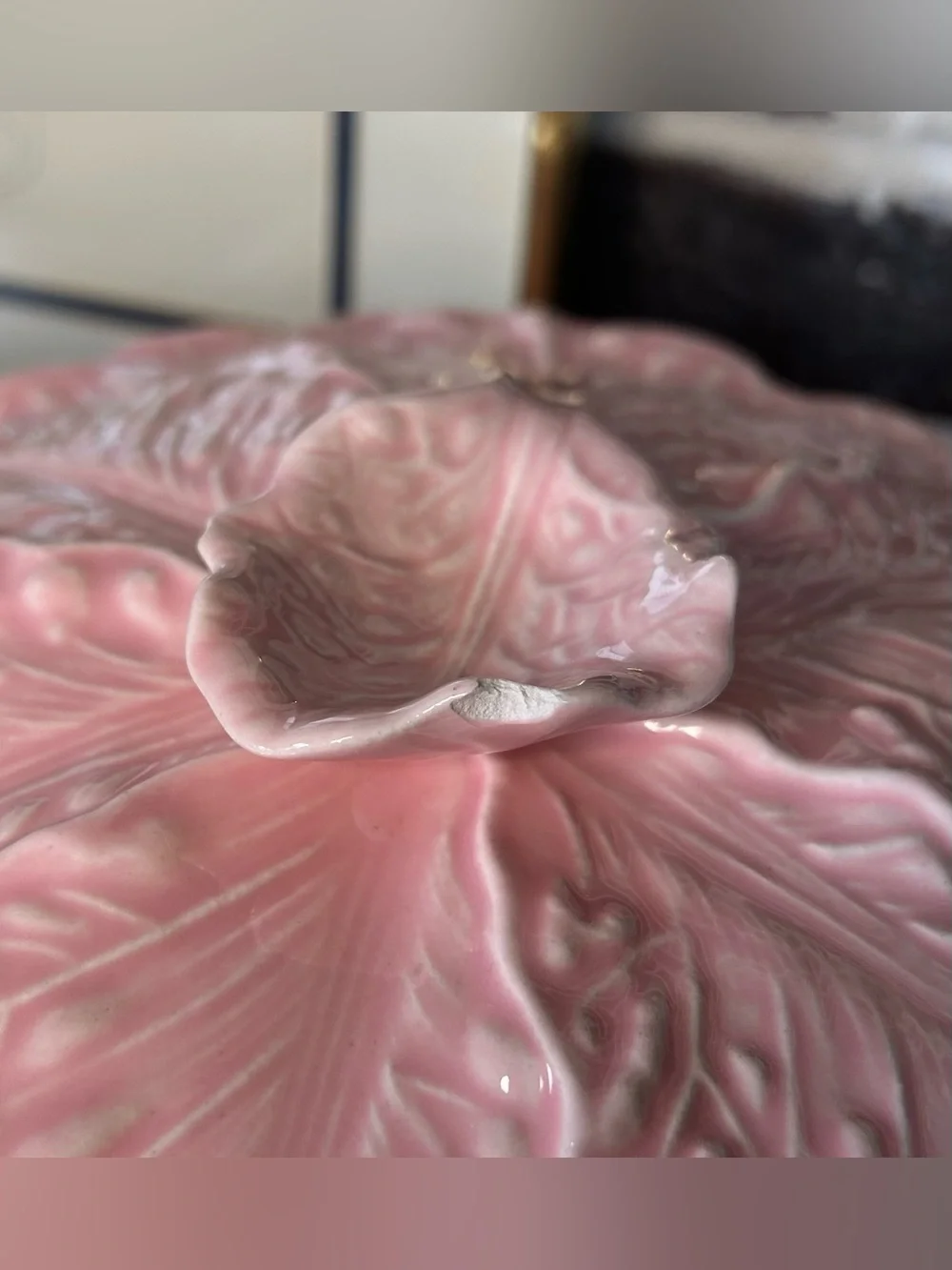 Vintage Pink Cabbage Leaf Casserole Dish with Gold Stand | MCM Miramar Californi